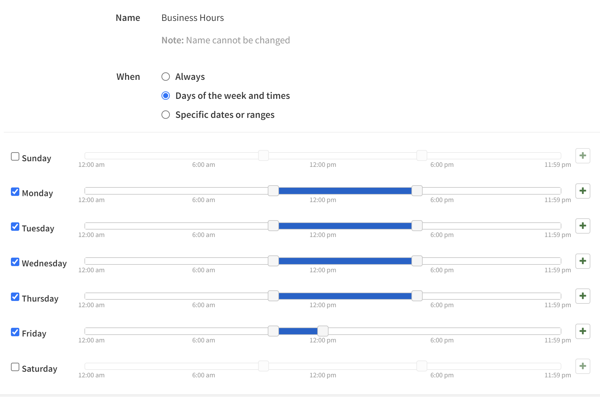 Time frames scheduling screen