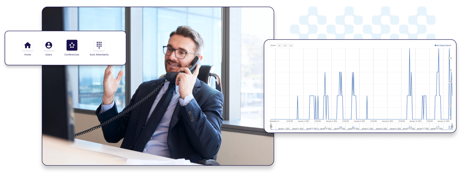 Skytek Telecom platform interface alongside a professional on a business call