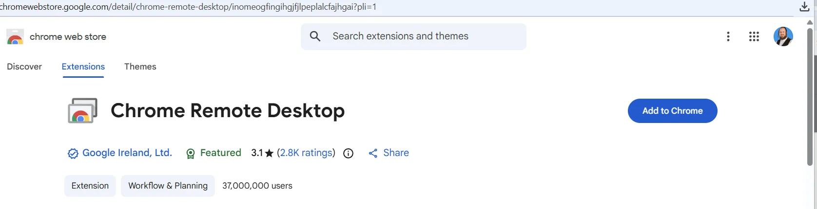 Chrome Web Store listing for the Chrome Remote Desktop extension with the Add to Chrome button