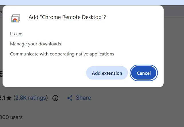 Browser popup asking to add Chrome Remote Desktop with an Add extension button