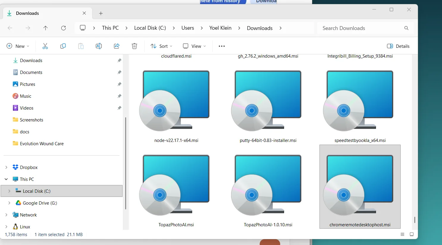 Downloads folder showing the chromeremotedesktophost.msi installer file