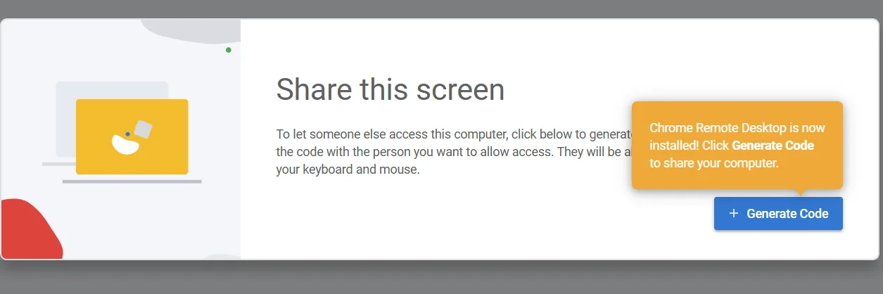 Share this screen page with the Generate Code button