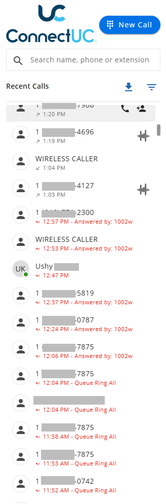 ConnectUC recent calls timeline on a phone, showing who answered each call