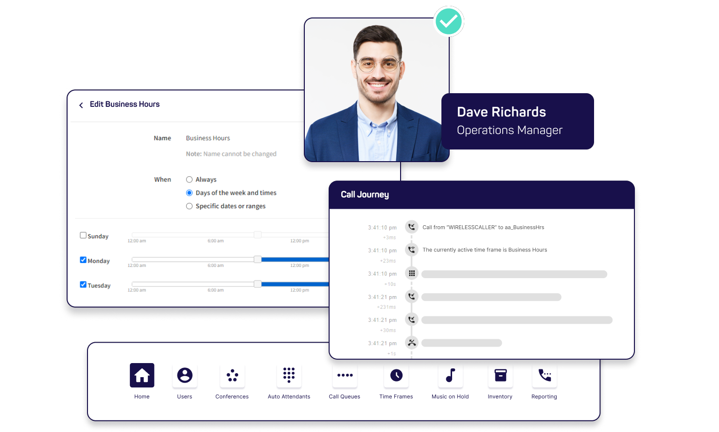 Skytek business phone system app — inbox, contact card, and dialer